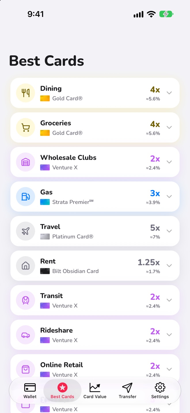 Kado’s Best Cards tab ranking your cards for a spending category.
