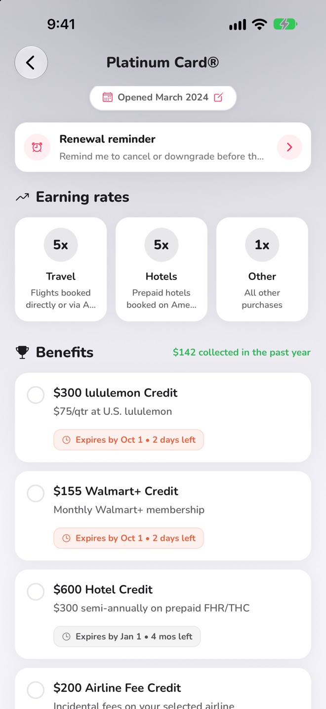 A card’s detail screen in Kado, listing its benefits with the ones you have used checked off.