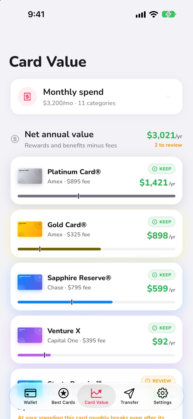 Kado’s Card Value tab: what each card is worth after its annual fee, with a keep or cancel verdict.