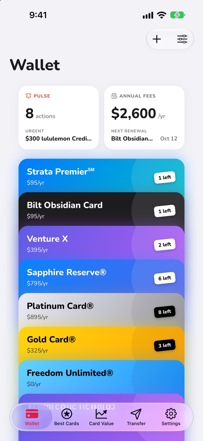 Kado’s Wallet tab: your cards with the credits still left to use on each.